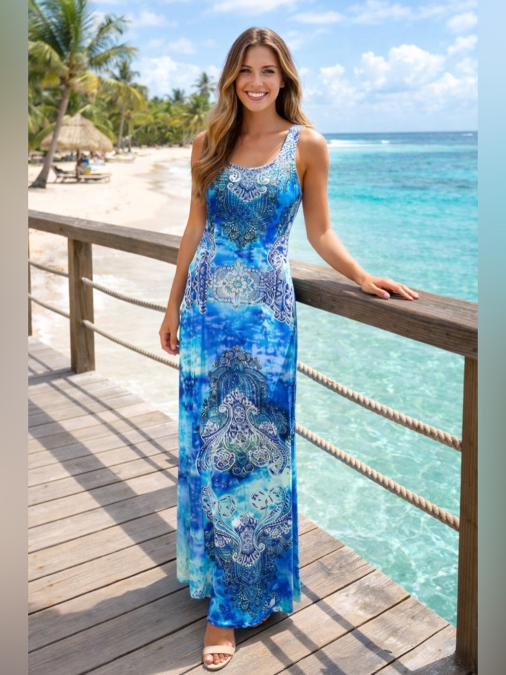 S-Twelve Paisley Maxi Dress Luxe Blue /White boho rhinestone Resort Cruise L